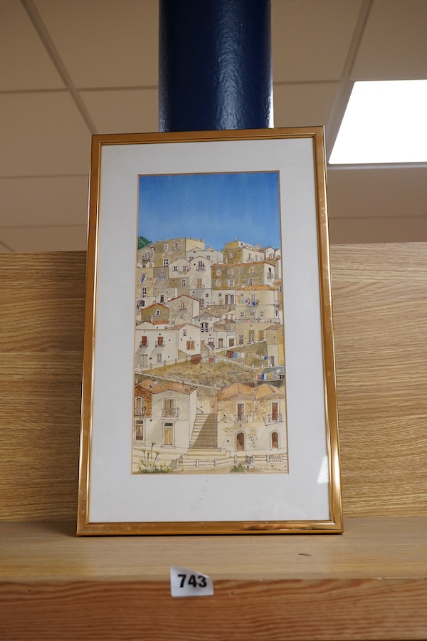 20th century School, Continental townscape with villas, indistinctly signed lower right, ink and watercolour, 33 x 16cm
